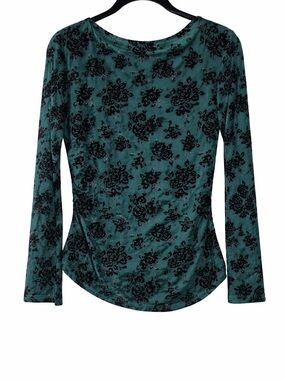 ZESICA Teal Velvet Floral Top | Sheer Mesh Overlay | Elegant Boutique Blouse L